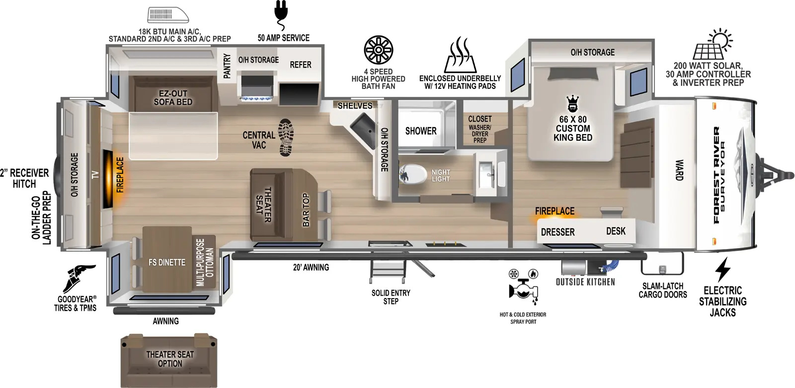The Grand Surveyor 302RDBS has one entry and three slide outs. Exterior features include: fiberglass exterior, 20' awning and outside kitchen. Interiors features include: free-standing dinette option, front bedroom and rear living.